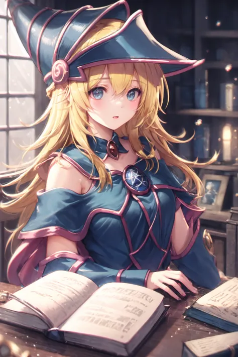 dark magician girl, masterpiece, best quality, (1girl), solo, (water), long hair, blonde hair, blue headwear, wizard hat, spell casting, castle, castle:2, motion blur, book, magic, (moonlight:1.2), chromatic aberration, depth of field, soft lighting, highly detailed face, highly detailed eyes, <lora:darkMagicianGirlLora_1:0.6>, <lora:dpep2 768:0.7>