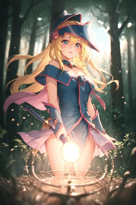 dark magician girl, masterpiece, best quality, (1girl), solo, (forest), long hair, blonde hair, blue headwear, wizard hat, spell casting, nature, trees:1.2, motion blur, magic, (moonlight:1.2), chromatic aberration, depth of field, soft lighting, highly detailed face, highly detailed eyes, <lora:darkMagicianGirlLora_1:0.6>, <lora:dpep2 768:0.7>