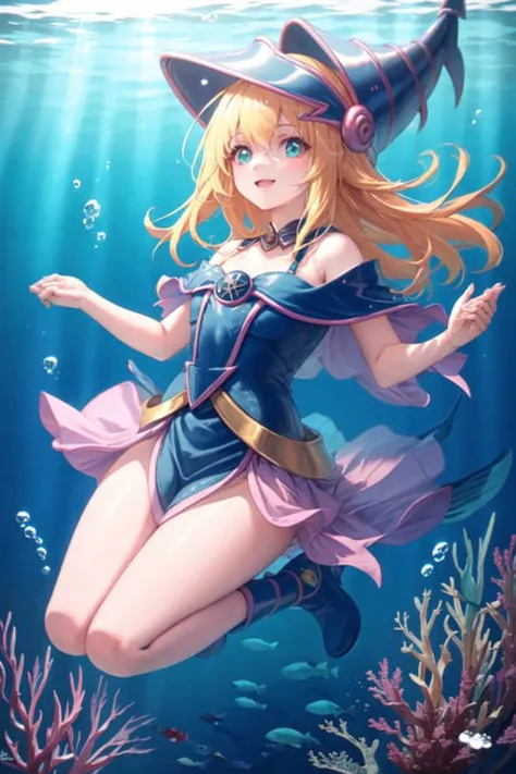 dark magician girl, masterpiece, best quality, (1girl), solo, (water), long hair, blonde hair, blue headwear, wizard hat, floating, ocean:2, motion blur, smile, iridescent dress, (underwater:1.2), chromatic aberration, depth of field, soft lighting, highly detailed face, highly detailed eyes, looking up, (full body), (small fish:1.2), <lora:darkMagicianGirlLora_1:0.6>, <lora:dpep2 768:0.7>