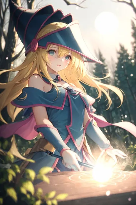 dark magician girl, masterpiece, best quality, (1girl), solo, (forest), long hair, blonde hair, blue headwear, wizard hat, spell casting, nature, trees:1.2, motion blur, magic, (moonlight:1.2), chromatic aberration, depth of field, soft lighting, highly detailed face, highly detailed eyes, <lora:darkMagicianGirlLora_1:0.6>, <lora:dpep2 768:0.7>