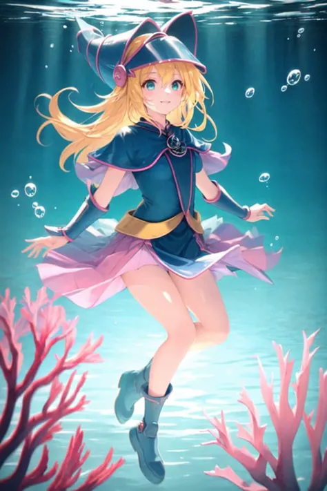 dark magician girl, masterpiece, best quality, (1girl), solo, (water), long hair, blonde hair, blue headwear,  floating, ocean:2, motion blur, smile, iridescent dress, (underwater:1.2), chromatic aberration, depth of field, soft lighting, highly detailed face, highly detailed eyes, looking up, (full body), (small fish:1.2), <lora:darkMagicianGirlLora_1:0.6>, <lora:dpep2 768:0.7>