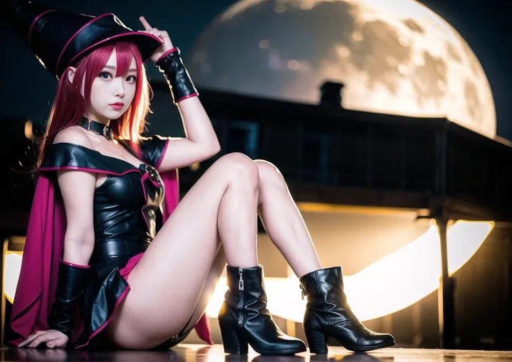 8k, RAW photo, portrait, best quality, ultra high res, photorealistic,1girl,looking at viewer,solo,solo focus,sitting,cowboy shot,full body,full moon,medium breasts, blush,red hair,lolita fashion, sailor senshi uniform, cape, cloak,hand on headwear,beautiful detailed girl, extremely detailed eyes and face, beautiful detailed eyes, cosplay, dark magician girl,yu-gi-oh!,wizard hat,magic wand,skyline,<lora:darkMagicianGirlLora_1:0.6>, <lora:koreandolllikeness_V10:0.4>