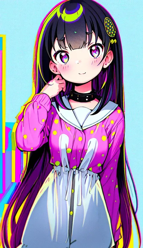 masterpiece, best quality, 1girl, bangs, collar, eyebrows_visible_through_hair, hair_ornament, halftone, multicolored_hair, polka_dot, polka_dot_background, solo, doHna