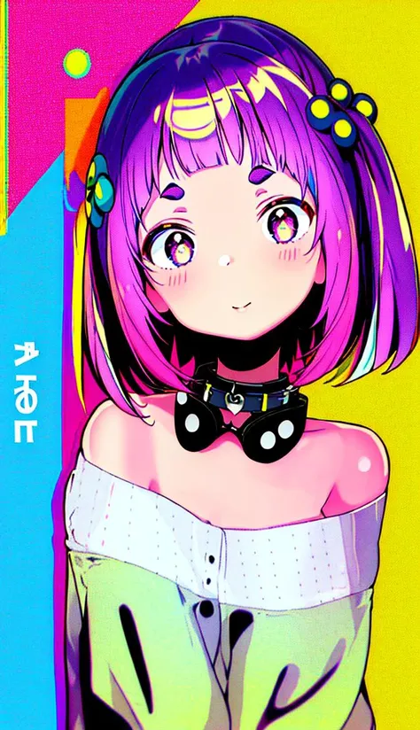 masterpiece, best quality, 1girl,  bangs, collar, eyebrows_visible_through_hair, hair_ornament, halftone, multicolored_hair, polka_dot, polka_dot_background, solo, doHna