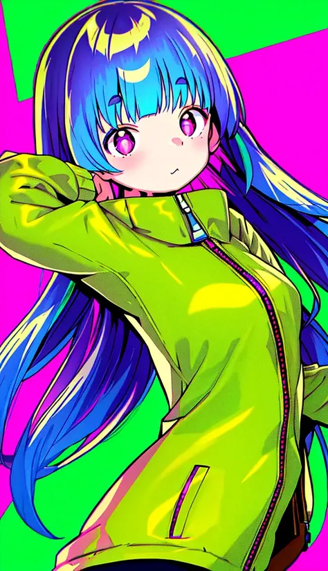masterpiece, best quality, 1girl, bangs, blue_hair, eyebrows_visible_through_hair, green_background, halftone, jacket, kula_diamond, long_hair, looking_at_viewer, multicolored_background, purple_jacket, red_eyes, simple_background, solo, two-tone_background, upper_body, yellow_background, zipper