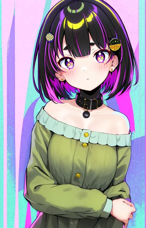 masterpiece, best quality,doHna 1girl, bangs, collar, eyebrows_visible_through_hair, hair_ornament, halftone, multicolored_hair, polka_dot, polka_dot_background, short_hair, solo, doHna