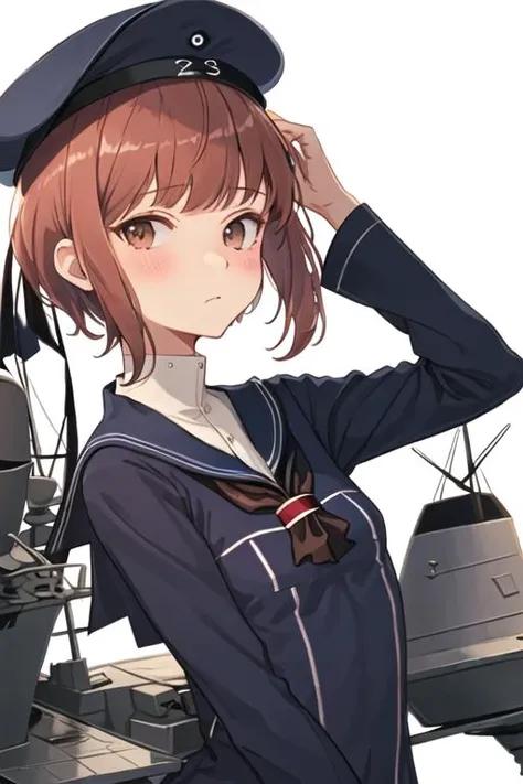 best quality, masterpiece, highres, solo, {z3_max_schultz_kantaicollection:1.15}, short_hair, brown_eyes, brown_hair, hat, sailor_hat, blush, 1girl, black_neckerchief, blue_dress, blue_headwear, clothes_writing, dress, looking_at_viewer, sailor_collar, sailor_dress, bangs, blue_sailor_collar, simple_background, upper_body, white_background, long_sleeves, neckerchief, closed_mouth
