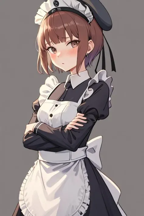 best quality, masterpiece, highres, solo, {maid:1.40}, {long maid dress:1.15}, {z3_max_schultz_kantaicollection:1.15}, short_hair, brown_eyes, brown_hair, hat, sailor_hat, blush