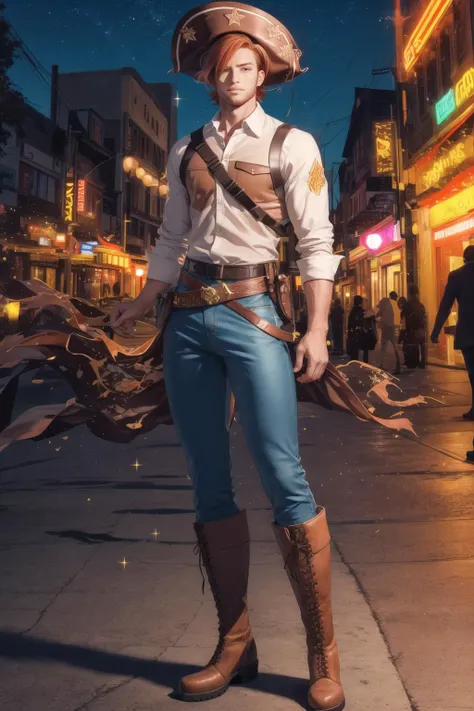 handsome man wearing cangaceiro clothing, pants, redhead, red hair, shirt, boots, solo, cangaceiro hat <lora:Cangaceiro-000006:1> , night at town, backlighting, sparkles, digital colors, vibrant picture, perfect design, bullet belt, masterpiece, highres, detailed picture, detailed face, detailed eyes, full body, perfect face