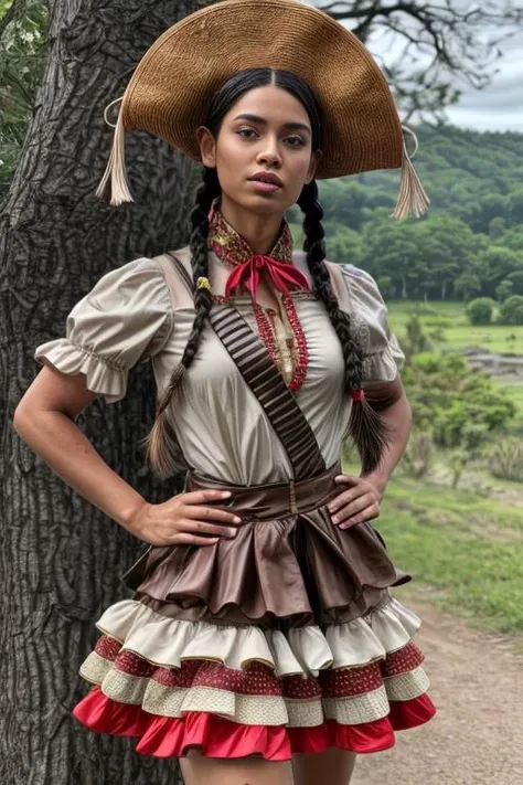 photo of black skin, woman wearing cangaceiro clothing, 32yo, cangaceiro hat, three-star hat, shirt, cangaceiro dress, bullet belt, braided hair, dress, boots, red neckerchief, medium shot, village background, realistic, masterpiece, highres, cinematic lighting, perfect face, detailed face,detailed eyes, detailed dress , full body <lora:Cangaceiro-000005:0.9>