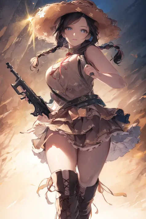 cute latina woman wearing cangaceiro clothing, braided hair, short skirt, solo, cangaceiro hat <lora:Cangaceiro-000006:1> holding a gun, village as background, boot, backlighting, sparkles, digital colors, vibrant picture, perfect design, bullet belt, masterpiece, highres, detailed picture, detailed face, detailed eyes, full body, perfect face