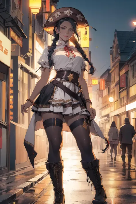 beautiful woman wearing cangaceiro clothing, braided hair, skirt, stockings, boots, solo, cangaceiro hat <lora:Cangaceiro-000006:1> , night at town, backlighting, sparkles, digital colors, vibrant picture, perfect design, bullet belt, masterpiece, highres, detailed picture, detailed face, detailed eyes, full body, perfect face