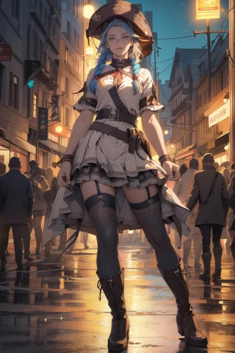beautiful woman wearing cangaceiro clothing, braided hair, skirt, stockings, boots, solo, cangaceiro hat <lora:Cangaceiro-000006:1> , night at town, backlighting, sparkles, digital colors, vibrant picture, perfect design, bullet belt, masterpiece, highres, detailed picture, detailed face, detailed eyes, full body, perfect face