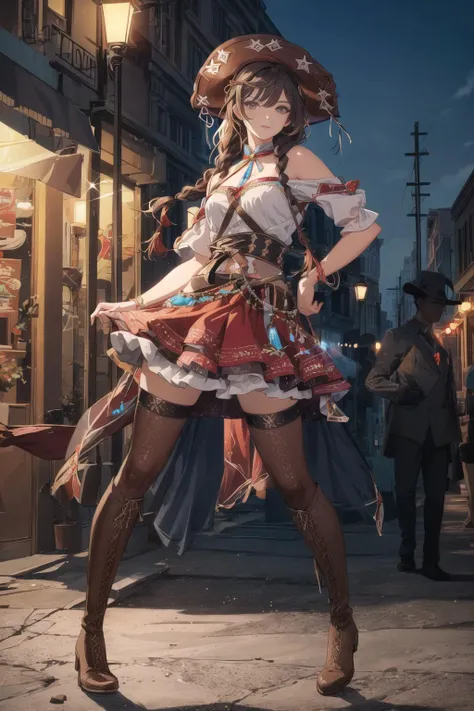 beautiful woman wearing cangaceiro clothing, braided hair, skirt, stockings, boots, solo, cangaceiro hat <lora:Cangaceiro-000006:1> , night at town, backlighting, sparkles, digital colors, vibrant picture, perfect design, bullet belt, masterpiece, highres, detailed picture, detailed face, detailed eyes, full body, perfect face