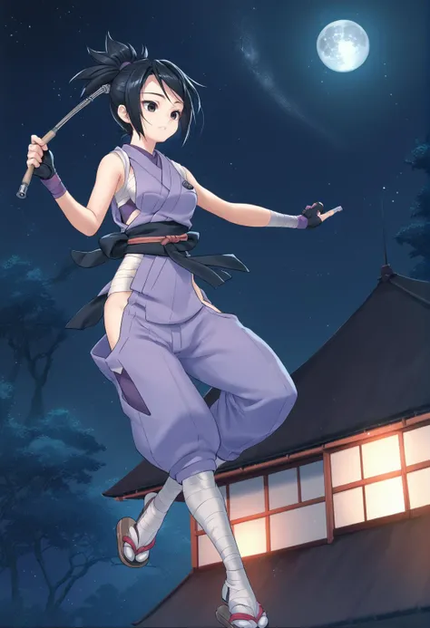 1girl, solo, medium hair, black hair, black eyes, ponytail, ayame3, ninja, japanese clothes, bare shoulders, fingerless gloves, pants, hip vent, legwear bandages, tabi, sandals, purple clothes, night, night sky, moon, outdoors, jumping, rooftop, japanese castle <lora:Ayame_Tenchu:0.8> <lora:choco_(chocolate_shop)_PonyXL_style_v02:0.8>, score_9, score_8_up, score_7_up, score_6_up, score_5_up, score_4_up, BREAK source_anime, masterpiece