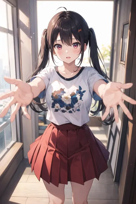 1girl, casual clothes, t-shirt, pleated skirt, twintails, long hair, short sleeves, incoming hug, reaching towards viewer, facing viewer, room, standing, vanishing point