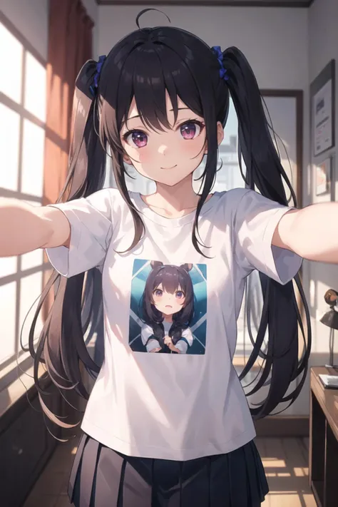 1girl, casual clothes, t-shirt, pleated skirt, twintails, long hair, short sleeves, incoming hug, reaching towards viewer, facing viewer, room, standing, vanishing point, out of frame, (smile:0.7)