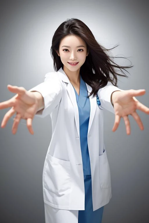 (cowboy shot), 1girl, (incoming hug, reaching towards viewer:1.4), smiling, beautiful Japanese female doctor wearing white labcoat, beautiful detailed face, slim, Japanese woman, black hair, pale skin, realistic skin, detailed cloth texture, detailed hair texture, Perfect proportion, Beautiful Face, accurate, Anatomically correct, Highly detailed face and skin texture , looking at viewer , modern hospital room, photorealistic