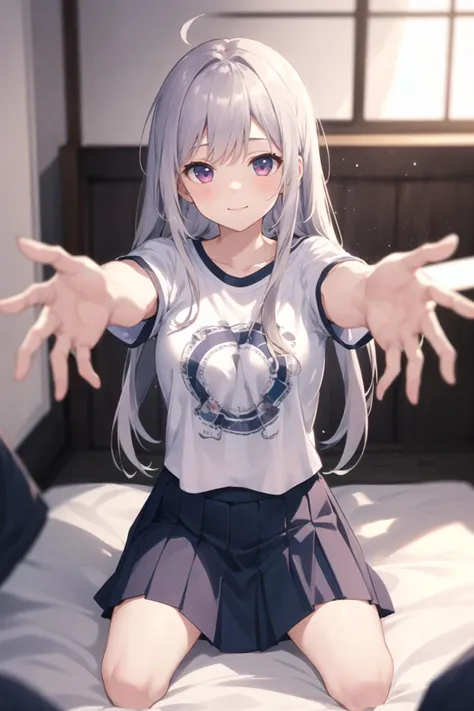 1girl, casual clothes, t-shirt, pleated skirt, twintails, long hair, short sleeves, incoming hug, reaching towards viewer, facing viewer, room, seiza, sitting, vanishing point, out of frame, (smile:0.7)