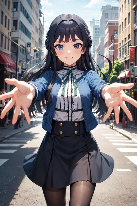 (masterpiece, best quality, ultra detailed), (perfect face, detailed face), (detailed background, complex background:1.2), full-face blush, (smile:1.2), wind, windy, looking at viewers,
<lora:Mogami:1> MogamiDef, black hair, long hair, blush, bangs, blue eyes, sidelocks, blunt bangs, skirt, shirt, long sleeves, jacket, white shirt, pantyhose, frills, open clothes, black skirt, open jacket, neck ribbon, ribbon, hair intakes, blue jacket, brown pantyhose, green ribbon, center frills, frilled shirt, (cowboy shot:1.5), tilt head, solo, standing,
(outdoors, building, city, modern city, upper building)