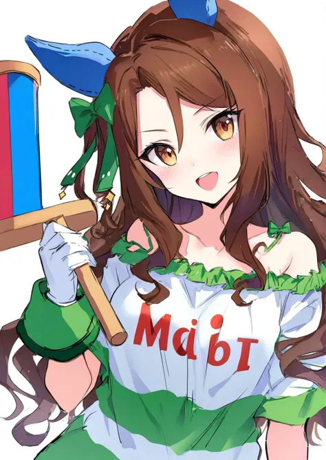 1girl, 
king halo \(umamusume\),  
cierra , (ra-bit:1.1), kine, mallet, simple background, white background, green pajamas, off shoulder, t-shirt, white gloves, ghost, holding mallet, white shirt, solo, animal ears, clothes writing, green bow, :d, green dress, brown eyes, holding, shirt, horse girl, upper teeth only, off-shoulder shirt, teeth, striped clothes, pajamas, smile, gloves, brown hair, ear covers, striped pajamas, dress, bow, hair bow, 
masterpiece, best quality, newest, absurdres, highres, sensitive