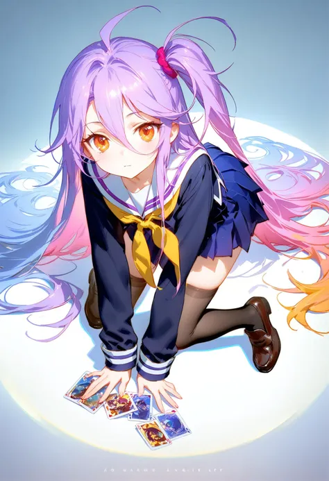 1girl, 
shiro \(no game no life\), no game no life, 
tiv, sho \(sho lwlw\), ask \(askzy\), wlop, (ningen mame:0.9), ciloranko, 
all fours, knees together feet apart, solo, pink hair, serafuku, school uniform, black serafuku, looking at viewer, full body, neckerchief, shirt, orange eyes, one side up, long sleeves, gradient hair, black thighhighs, white sailor collar, copyright name, multicolored hair, messy hair, blue hair, card, sailor collar, loafers, shoes, closed mouth, skirt, brown footwear, yellow neckerchief, hair between eyes, very long hair, thighhighs, long hair, pleated skirt, blue skirt, 
masterpiece, best quality, newest, absurdres, highres, sensitive