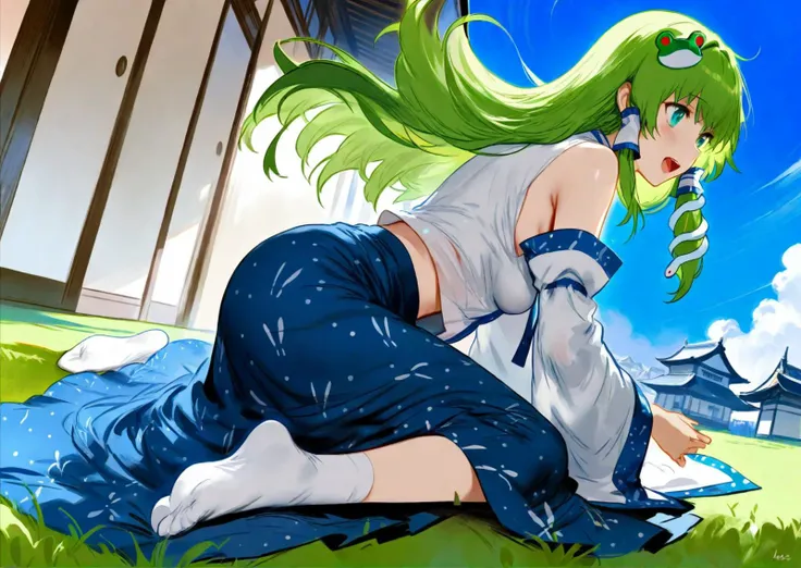 1girl, 
kochiya sanae, touhou, 
hews, sho \(sho lwlw\), ask \(askzy\), shimada fumikane, 
scottie, (phantom2:1.1), blush, sitting, smile, solo, wariza, wide sleeves, gohei, socks, dress, on ground, hair ornament, sky, frog hair ornament, open mouth, snake hair ornament, onmyouji, long skirt, detached sleeves, :o, tabi, day, blue skirt, from side, profile, cloud, skirt, blue sky, outdoors, hair tubes, floating hair, green eyes, long hair, blue eyes, medium breasts, white legwear, building, looking away, long legs, frog, breasts, green hair, tongue, purple hair, 
masterpiece, best quality, newest, absurdres, highres, sensitive