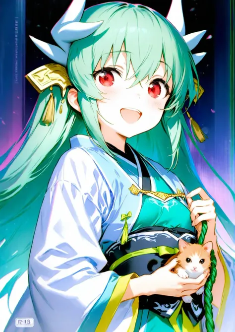 1girl, 
kiyohime \(fate\), fate \(series\), 
anmi, sho \(sho lwlw\), ask \(askzy\), orange maru, 
cui , (jidanhaidaitang:1.1), yd_, :d, holding, holding animal, looking at viewer, open mouth, smile, solo, upper teeth only, english text, from side, holographic interface, animal, looking to the side, cover, upper body, hair ornament, flower knot, tassel, horns, breasts, cover page, hanfu, red eyes, wide sleeves, sidelocks, hair between eyes, small breasts, teeth, artist name, doujin cover, rope, dragon horns, chinese clothes, hair bun, single side bun, qixiong ruqun, holding rope, green hair, long sleeves, green rope, 
masterpiece, best quality, newest, absurdres, highres, sensitive