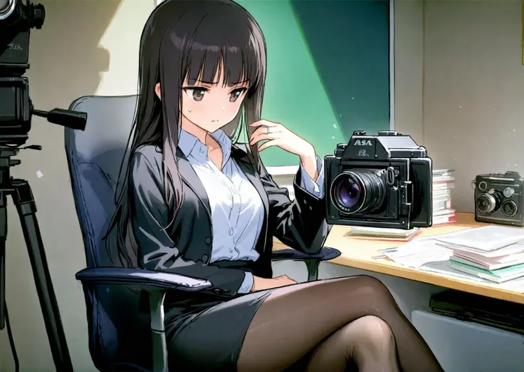 1girl, 
nishizumi shiho, girls und panzer, 
sy4, sho \(sho lwlw\), ask \(askzy\), wakabayashi toshiya, 
hisona , (suaritesumi:1.1), looking away, sad, solo, chair, pantyhose, hand up, sitting, pencil skirt, movie camera, jewelry, shirt, frown, on chair, black skirt, black jacket, movie reference, office lady, dress shirt, ring, jacket, blunt bangs, skirt, swivel chair, long sleeves, camera, long hair, sweatdrop, office chair, black pantyhose, black hair, collared shirt, shirt tucked in, 
masterpiece, best quality, newest, absurdres, highres, sensitive