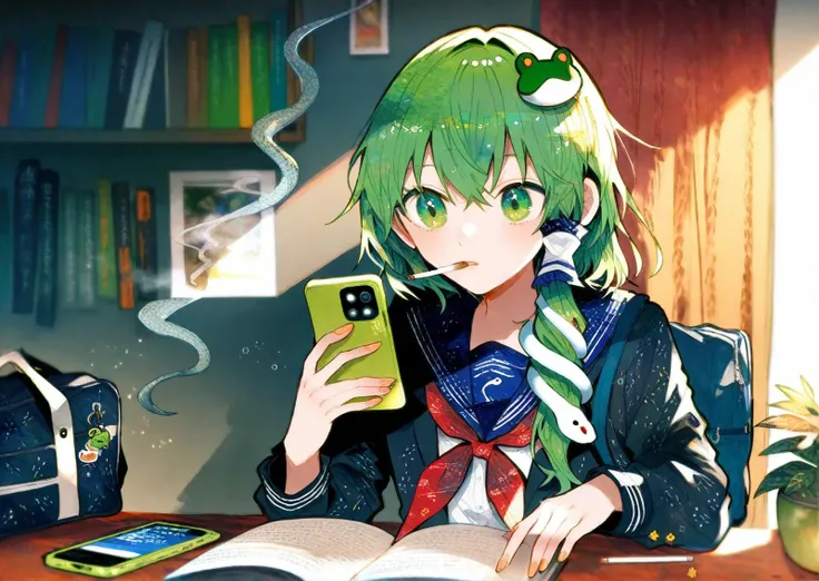 1girl, 
kochiya sanae, touhou, 
kazutake hazano, itomugi-kun, sho \(sho lwlw\), ask \(askzy\), negom, 
cellphone, cigarette, holding, holding cigarette, holding phone, looking at phone, parted lips, sitting, smoking, solo, school uniform, bookshelf, snake hair ornament, smartphone, phone, school bag, snake, indoors, holding bag, serafuku, bag, chair, contemporary, reading, figure, frog hair ornament, black jacket, long sleeves, green hair, fingernails, book, photo \(object\), green eyes, table, hair ornament, book to mouth, jacket, 
masterpiece, best quality, newest, absurdres, highres, sensitive