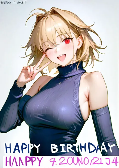 1girl, 
arcueid brunestud, tsukihime, 
miv4t, mignon, sho \(sho lwlw\), ask \(askzy\), tsuda nanafushi, 
;d, hand up, one eye closed, open mouth, smile, solo, ribbed sleeves, english text, artist name, \||/, ribbed sweater, upper teeth only, red eyes, hair behind ear, large breasts, hair intakes, red background, detached sleeves, teeth, aran sweater, antenna hair, head tilt, breasts, half-closed eye, purple sweater, happy birthday, sweater, blonde hair, cable knit, short hair, copyright name, turtleneck, 
masterpiece, best quality, newest, absurdres, highres, sensitive