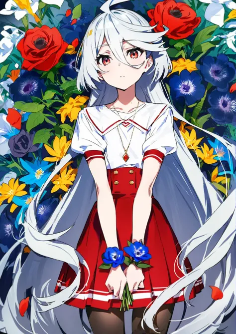 1girl, 
miorine rembran,  
mika pikazo, 
solo, high-waist skirt, very long hair, cover page, pleated skirt, short sleeves, skirt, ahoge, closed mouth, pantyhose, red gemstone, school uniform, blue flower, jewelry, red eyes, cowboy shot, puffy sleeves, holding flower, puffy short sleeves, wrist flower, black pantyhose, brown flower, rose, gem, long hair, petals, flower, novel cover, red skirt, shirt, holding, white shirt, crossed arms, gentiana \(flower\), grey hair, anemone \(flower\), brown rose, herb, blouse, pendant, necklace, red flower, grey flower, flipped hair, standing, white flower, hair between eyes, cover, 
masterpiece, best quality, newest, absurdres, highres, sensitive