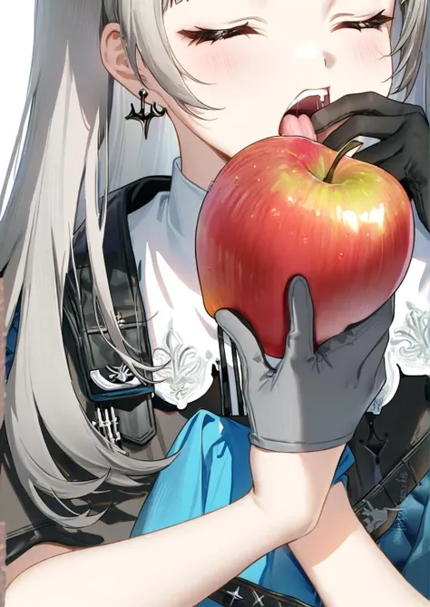 1girl, 
irene \(arknights\),  
haneru, 
artist name, dated, light, simple background, upper body, white background, earrings, gloves, holding food, grey gloves, cape, grey hair, food bite, tongue out, blunt bangs, solo, blue skirt, closed eyes, hand grab, long hair, finger sucking, skirt, jewelry, blue neckwear, black gloves, food, bitten apple, holding, bare arms, holding fruit, signature, fruit, tongue, short bangs, black cape, 
masterpiece, best quality, newest, absurdres, highres, sensitive