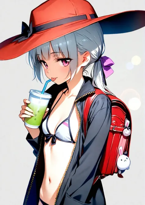 1girl, 
nursery rhyme \(fate\), fate \(series\), 
ke-ta, orange maru, sho \(sho lwlw\), ask \(askzy\), ginhaha, 
yd_, arm behind back, backpack, drinking, holding, holding cup, leaning, looking at viewer, solo, open jacket, pink eyes, alternate costume, grey background, open clothes, bikini top only, lens flare, hat, navel, holding drink, grey hair, :p, small breasts, ribbon, no nose, tongue, swimsuit, simple background, drink, shade, bikini, low ponytail, long hair, alternate hairstyle, closed mouth, open coat, coat, baseball cap, breasts, cup, sun hat, blue jacket, hands up, tongue out, midriff, black bow, bag, red bag, ponytail, white bikini, purple ribbon, red hat, cleavage, drinking straw, from side, mug, upper body, looking to the side, straight hair, black coat, sideboob, unzipped, print mug, long sleeves, disposable cup, hat ribbon, bow, collarbone, jacket, halterneck, 
masterpiece, best quality, newest, absurdres, highres, sensitive