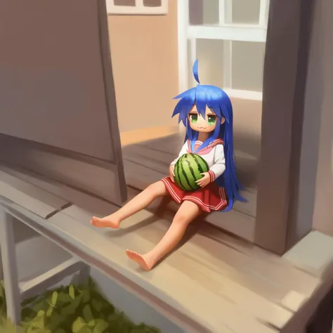 1girl, solo, izumi konata, lucky star, crumbles, diathorn,
long hair, blue hair, ahoge, serafuku, long sleeves, red skirt, pink ascot, :3, green eyes, holding watermelon, sitting in porch, barefoot, 
recent, highres, safe