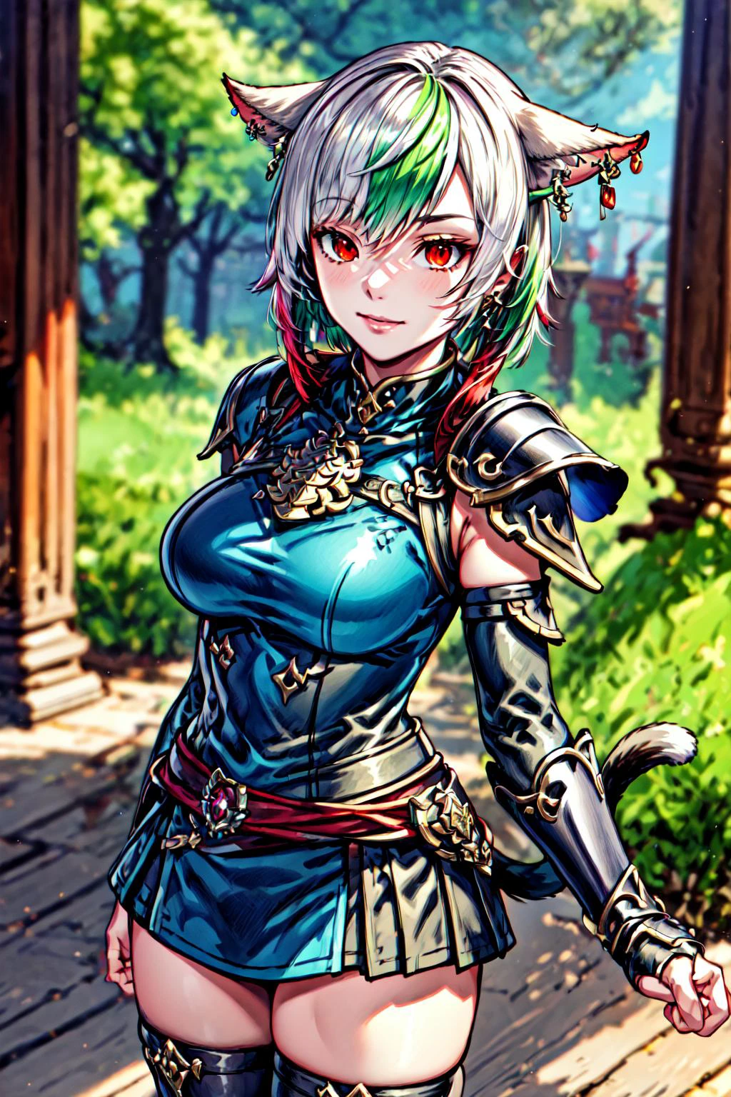 solo, looking at viewer, short hair, red eyes, 1girl animal ears, jewelry, standing, multicolored hair, cowboy shot, earrings, green hair, cat ears, armor, hair over one eye, blurry, two-tone hair, blurry background, facial mark, shoulder armor, gauntlets, pauldrons, breastplate, vambraces, miqo'te, cat girl, neck tattoo, avatar (ff14), vivid colors, specular highlights, fxaa, dynamic angle, <lora:more_details:0.7> <lora:EnvyGoddessMix02:0.6>