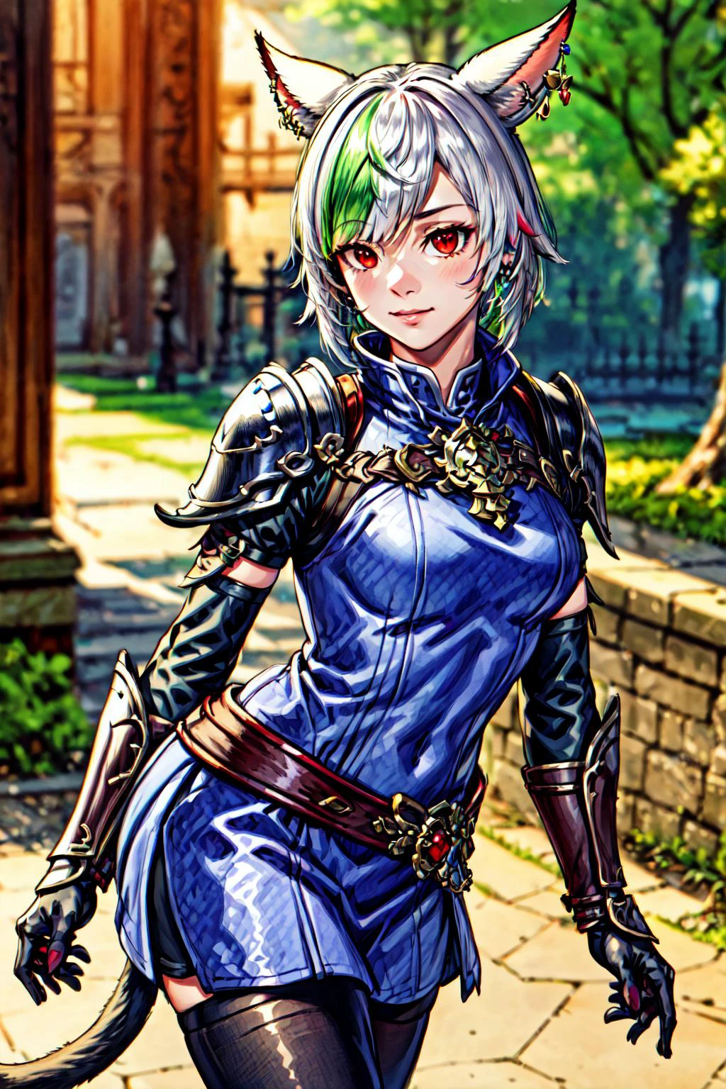 solo, looking at viewer, short hair, red eyes, 1girl animal ears, jewelry, standing, multicolored hair, cowboy shot, earrings, green hair, cat ears, armor, hair over one eye, blurry, two-tone hair, blurry background, facial mark, shoulder armor, gauntlets, pauldrons, breastplate, vambraces, miqo'te, cat girl, neck tattoo, avatar (ff14), vivid colors, specular highlights, fxaa, dynamic angle, <lora:more_details:0.7> <lora:EnvyGoddessMix02:0.6>