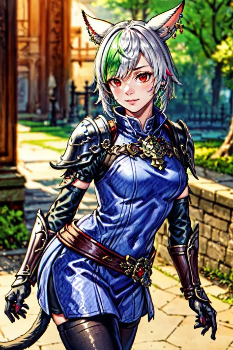 solo, looking at viewer, short hair, red eyes, 1girl animal ears, jewelry, standing, multicolored hair, cowboy shot, earrings, green hair, cat ears, armor, hair over one eye, blurry, two-tone hair, blurry background, facial mark, shoulder armor, gauntlets, pauldrons, breastplate, vambraces, miqo'te, cat girl,  neck tattoo, avatar (ff14), vivid colors, specular highlights, fxaa, dynamic angle,  <lora:more_details:0.7> <lora:EnvyGoddessMix02:0.6>