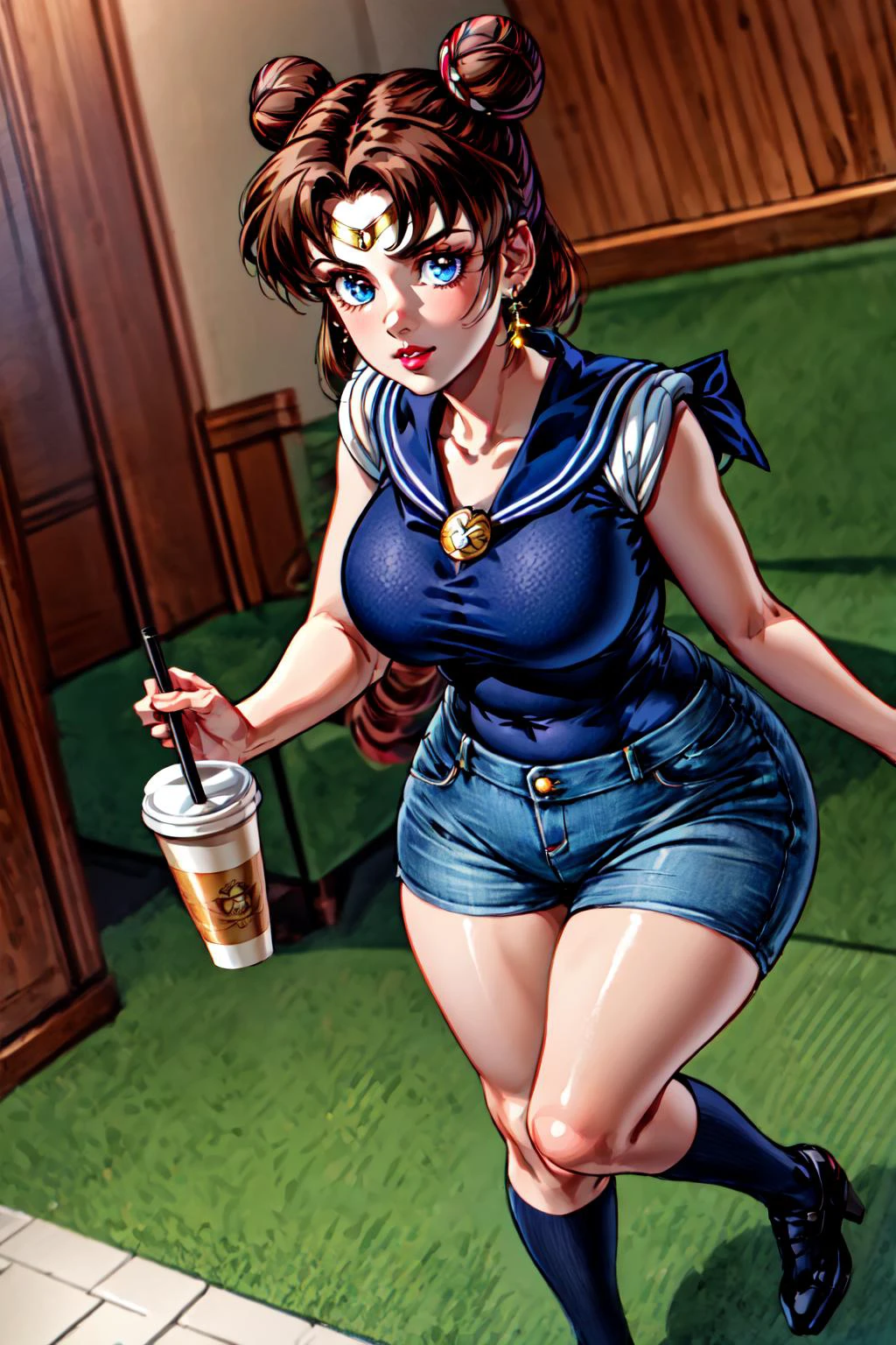 1girl, solo, long hair, looking at viewer, brown hair, blue eyes, sailor uniform, sera fuku, sailor moon, twin tails, hair buns, parted lips, makeup, detailed skin, eyelashes, full body, voluptuous, holding, holding a plastic cup, crop top, denim shorts, perfect hands, skindentation, detailed face, detailed eyes, detailed lips, vivid colors, specular highlights, fxaa, dynamic angle, <lora:more_details:0.7> <lora:EnvyGoddessMix02:0.6>