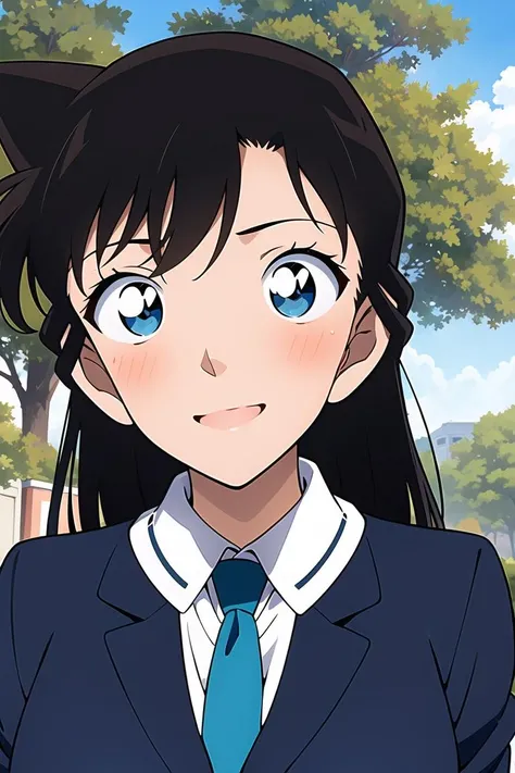 ((masterpiece)),((best quality)),ultra-detailed,illustratio,Explicit,nsfw,Beautiful body,Beautiful Nose,Beautiful character design,perfect eyes,perfect face,wallpaper,ultra highres,4K,photography,(Beautiful, large breasts:1.2),(beautiful face:1.2),(meitantei conan \(style\), detecive conan \(style\), meitantei conan),shiny skin,anime screencap,official style,Mori Ran,(black hair, long hair, wavy hair),1girl, solo, scarf, looking up, blue eyes, tree, jacket,school uniform, day, sky, necktie, blazer, cloud, outdoors, upper body, sunlight, smile, blue scarf, against tree, dappled sunlight,<lora:Mori Ran_:0.7>