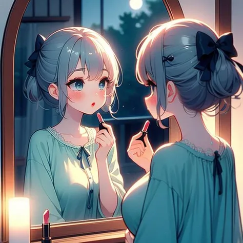 (((masterpiece))), (((best quality))), (((from side))), (((apply lipstick))), (((holding a lipstick))), (((reflection))), (((looking at mirror))), collarbone, necklace, green chiffon tunic, window, bedroom, ((blue tone)), (((night view))), lake, mount, full moon, solo, 1girl, (((big tits))), updo hair, hairclip, ribbon, sweat, daze, shy, blush, slim figure,<lora:girllikeapplylipstick:1>