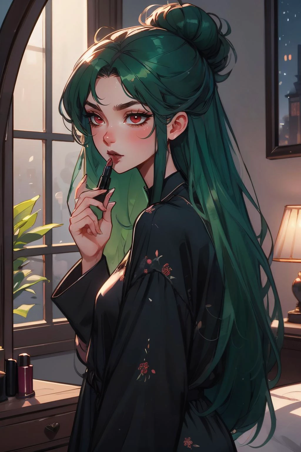 applying lipstick, holding lipstick, reflection, looking at mirror, window, bedroom, night time, high quality, masterpiece, <lora:girllikeapplylipstick:.8>
epsmpluto, long green hair, hair bun,red eyes, black lipstick, looking serious, wearing pajamas, <lora:EPsmPluto:.8>