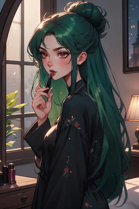 applying lipstick, holding lipstick, reflection, looking at mirror, window, bedroom, night time,  high quality, masterpiece,  <lora:girllikeapplylipstick:.8>
 epsmpluto, long green hair, hair bun,red eyes, black lipstick, looking serious, wearing pajamas, <lora:EPsmPluto:.8>