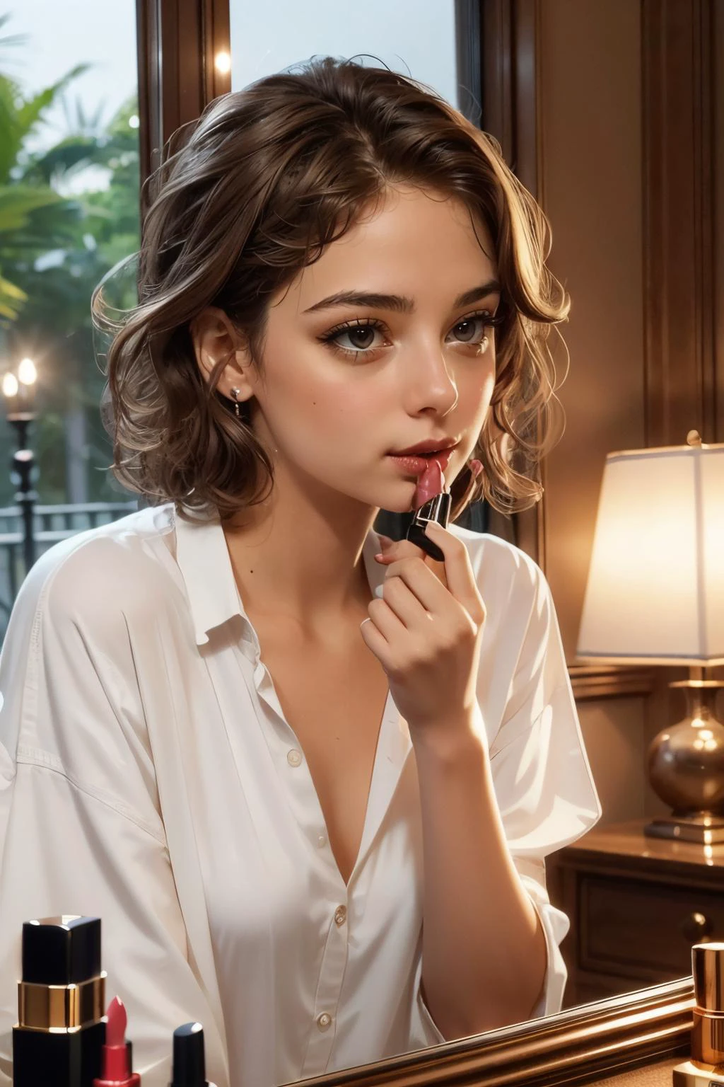 applying lipstick, holding lipstick, reflection, looking at mirror, window, bedroom, night time, high quality, masterpiece, <lora:girllikeapplylipstick:.8>
<lora:Erica:.7>, brown eyes, short brown hair, red lipstick, white shirt, looking serious,