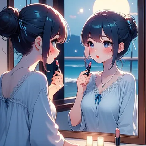 (((masterpiece))), (((best quality))), (((from side))), (((apply lipstick))), (((holding a lipstick))), (((reflection))), (((looking at mirror))), collarbone, necklace, purple chiffon tunic, window, bedroom, ((blue tone)), (((night view))), sea, beach, full moon, solo, 1girl, (((big tits))), updo hair, hairclip, ribbon, sweat, daze, shy, blush, slim figure,<lora:girllikeapplylipstick:1>