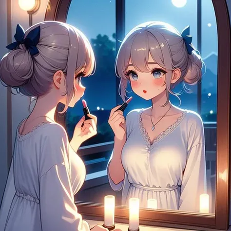 (((masterpiece))),  (((best quality))), (((from side))), (((apply lipstick))), (((holding a lipstick))), (((reflection))), (((looking at mirror))), collarbone, necklace, beige chiffon tunic, window, bedroom, ((blue tone)), (((night view))), lake, mount, full moon, solo, 1girl, (((big tits))), updo hair, hairclip, ribbon, sweat, daze, shy, blush, slim figure,<lora:girllikeapplylipstick:1>
