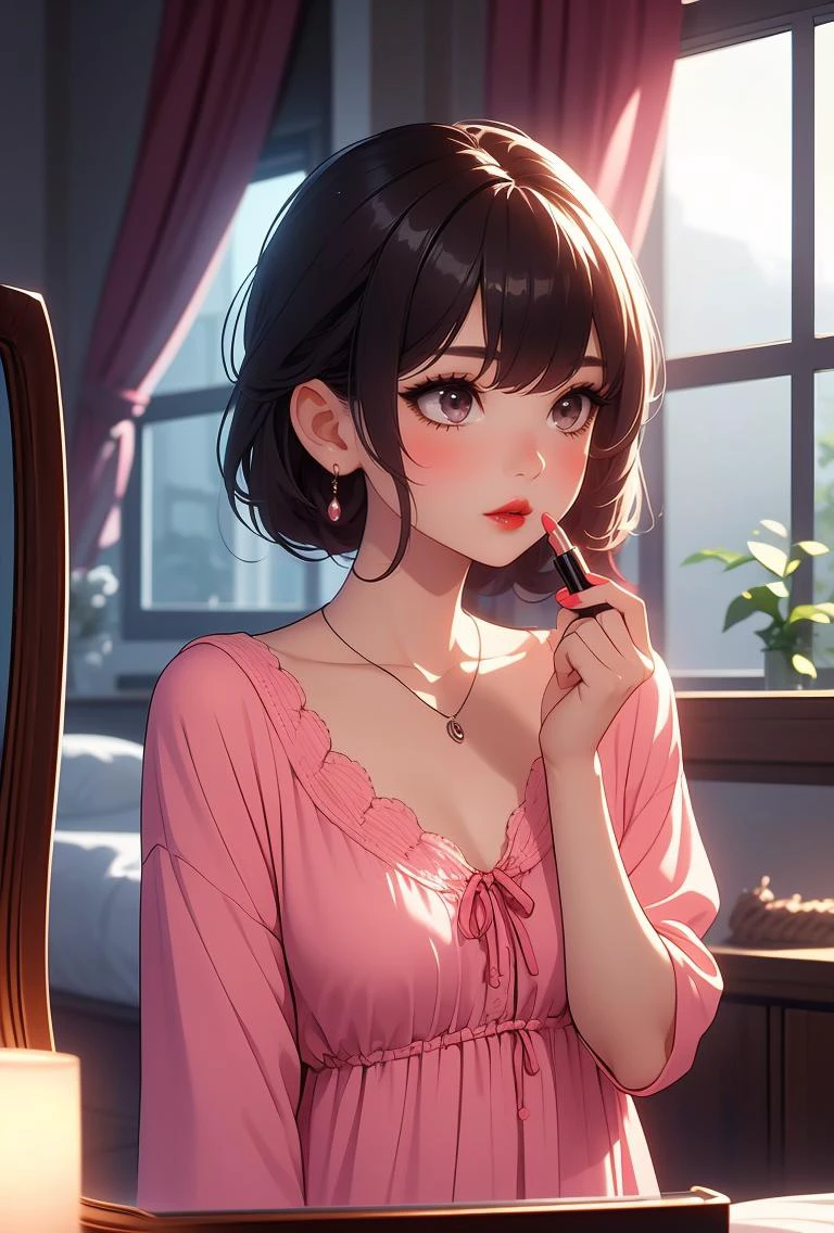 (masterpiece, best quality), 1girl, <lora:girllikeapplylipstick:0.8> from side, apply lipstick, holding a lipstick, reflection, looking at mirror, collarbone, necklace, chiffon tunic, window, bedroom, night view