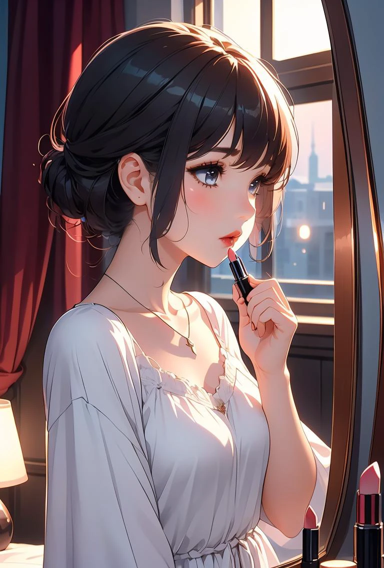 (masterpiece, best quality), 1girl, <lora:girllikeapplylipstick:0.8> from side, apply lipstick, holding a lipstick, reflection, looking at mirror, collarbone, necklace, chiffon tunic, window, bedroom, night view