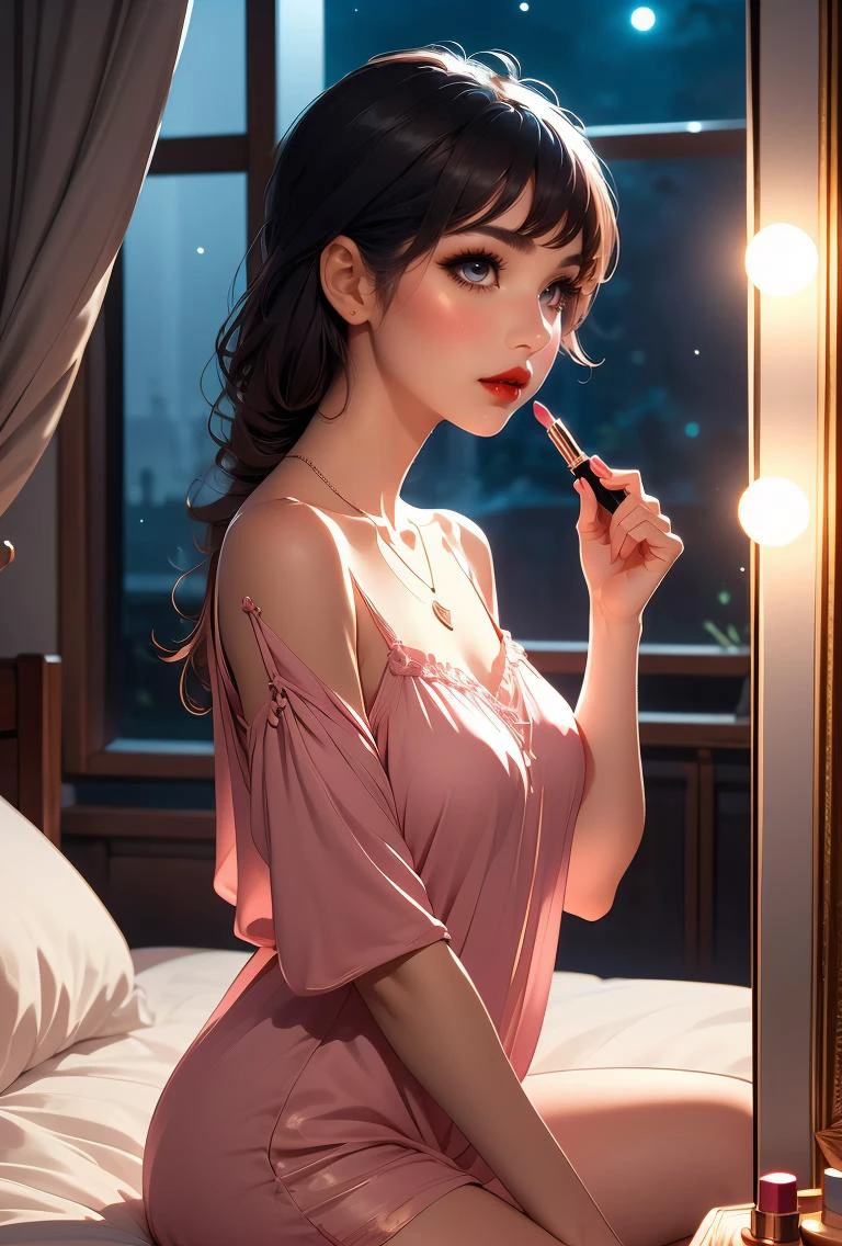 (masterpiece, best quality), 1girl, <lora:girllikeapplylipstick:0.8> from side, apply lipstick, holding a lipstick, reflection, looking at mirror, collarbone, necklace, chiffon tunic, window, bedroom, night view