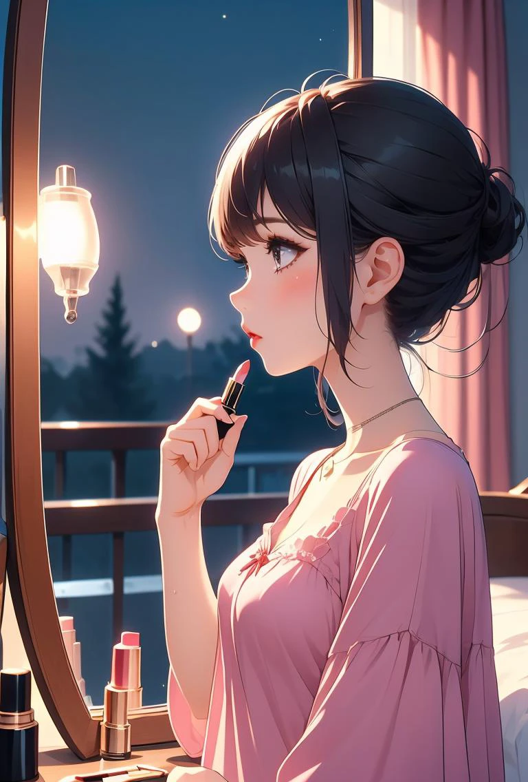 (masterpiece, best quality), 1girl, <lora:girllikeapplylipstick:0.8> from side, apply lipstick, holding a lipstick, reflection, looking at mirror, collarbone, necklace, chiffon tunic, window, bedroom, night view
